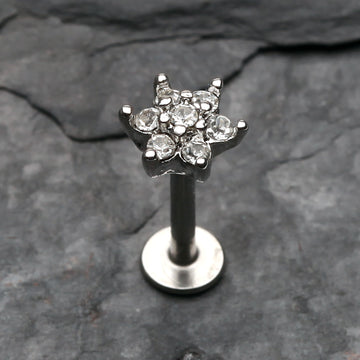 Detail View 1 of Spring Flower Sparkle Multi Gem Top Steel Labret-Clear Gem